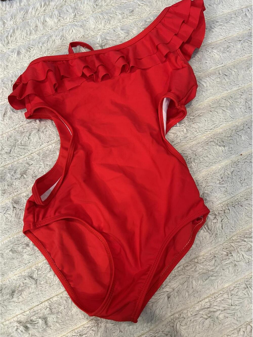 Youth Red One-Shoulder Ruffle One-Piece Swimsuit